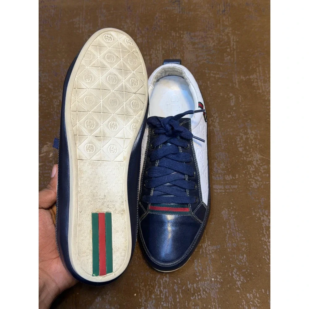 Gucci Low Top Sneakers Navy White Guccissima Leather Web Stripe Mens 10